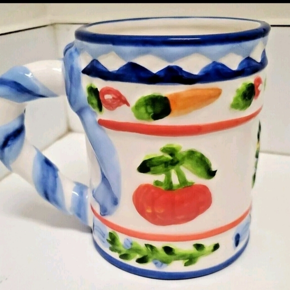 Zrike Colorful Hand Painted Ceramic Mug "Cornucopia" Embossed Veggies Pre-owned - Picture 1 of 6